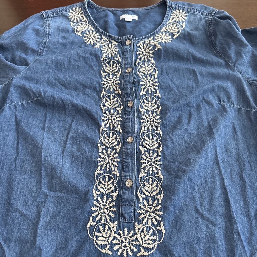 J. Jill Embroidered Denim Chambray Shift Dress Blue Boho Pockets Women's Size L - Picture 7 of 12